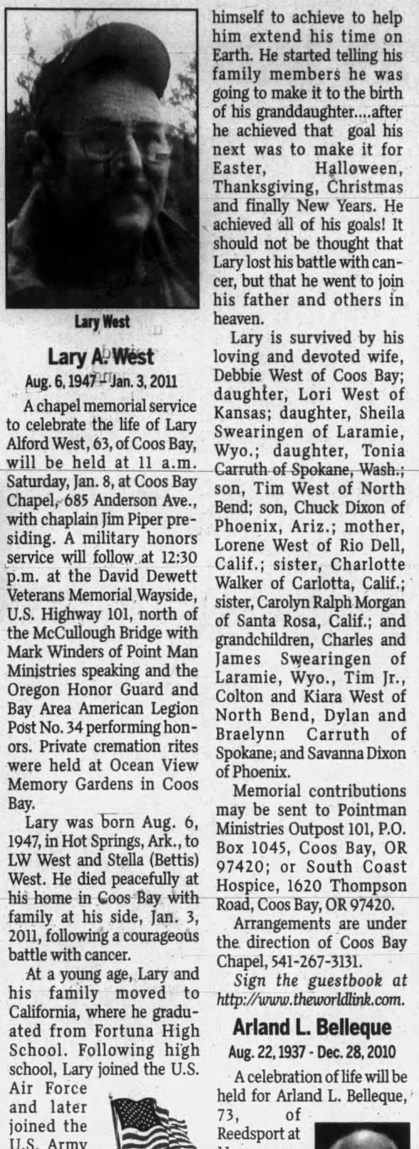 Obituary for Lary Alford West, 1947-2011 (Aged 73)